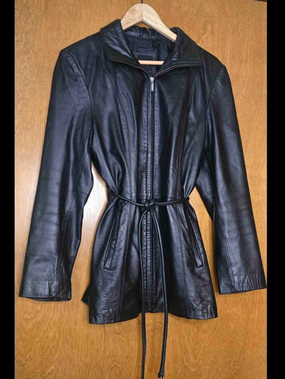 JLC New York Leather Black Belted Coat Jacket Size Large Like New Y2K